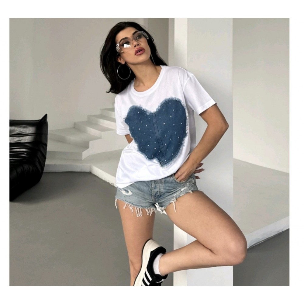 T-Shirt Μπλούζα Μακό με Jean Καρδιά -Λευκό- 22659 T-Shirt Μπλούζα Μακό με Jean Καρδιά -Λευκό- 22659
