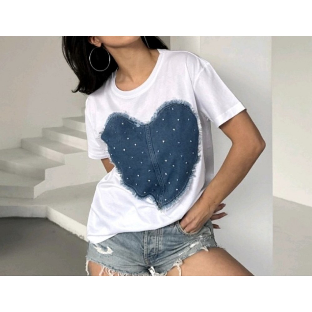 T-Shirt Μπλούζα Μακό με Jean Καρδιά -Λευκό- 22659 T-Shirt Μπλούζα Μακό με Jean Καρδιά -Λευκό- 22659