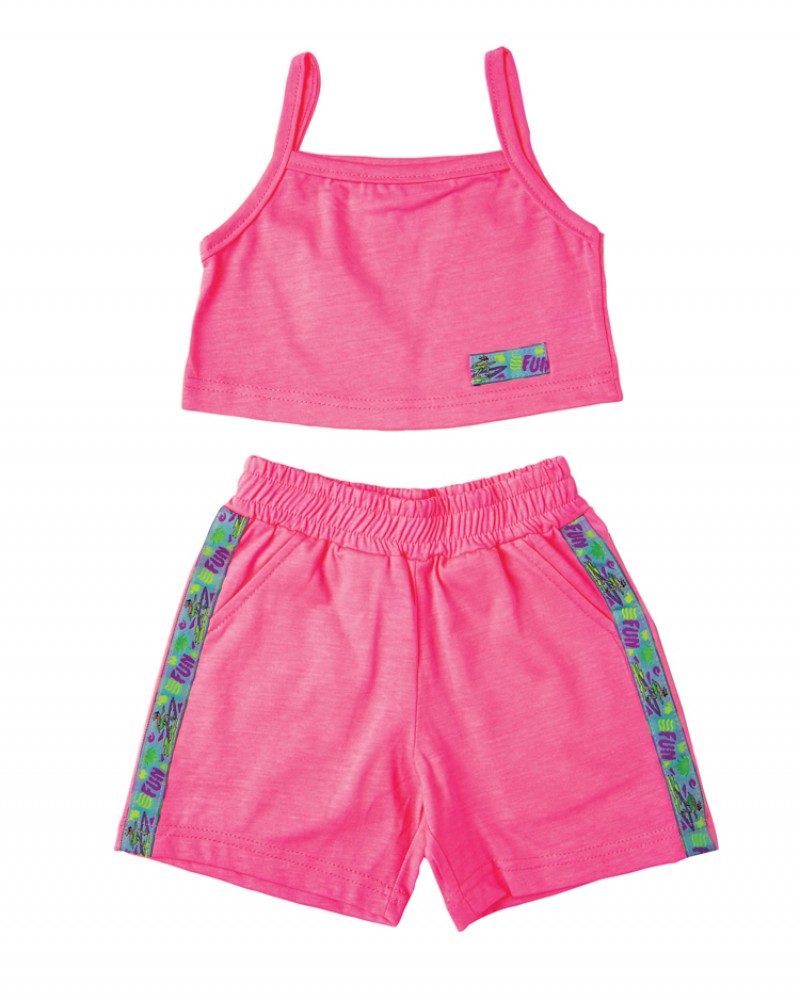 Παιδικό Αμάνικο Σετ, Top Μπλούζακι και Shorts με Διακοσμητική Ταινία -Ροζ Neon- 2678