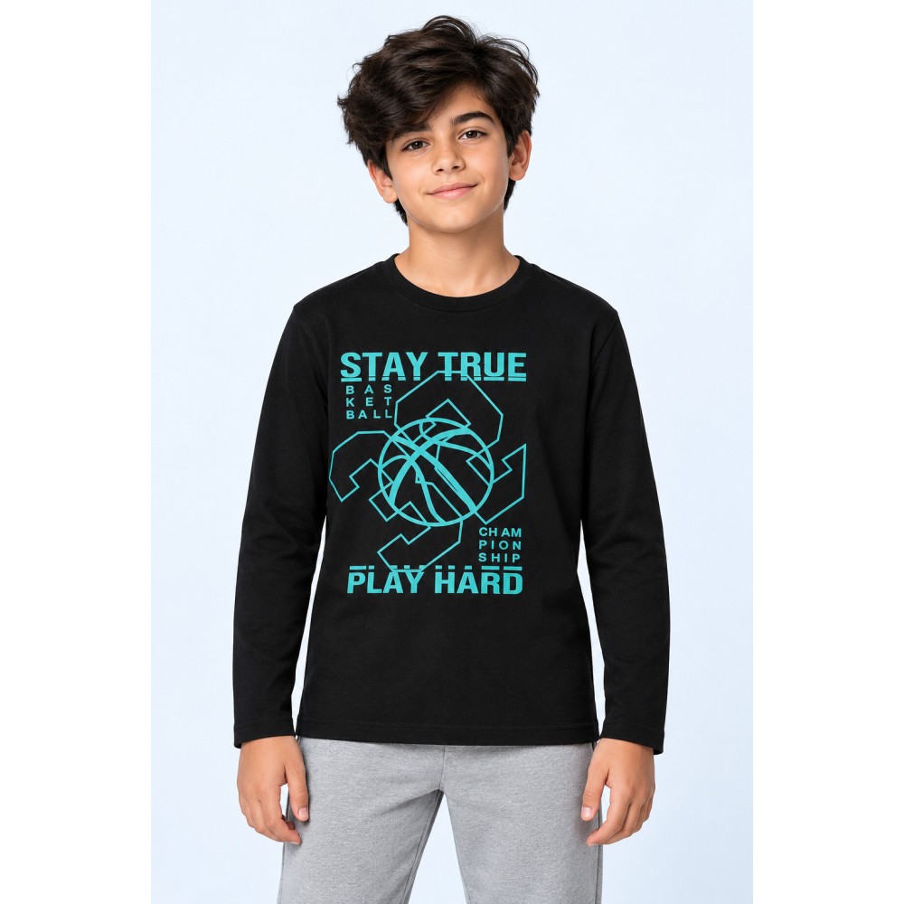 Εφηβική Μπλούζα με Τύπωμα 32 Play Hard για Αγόρι (6-16) -Μαύρο- 227-106110-1
