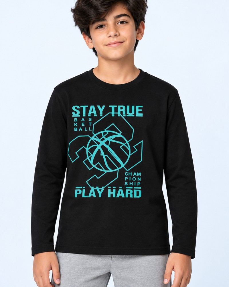 Εφηβική Μπλούζα με Τύπωμα 32 Play Hard για Αγόρι (6-16) -Μαύρο- 