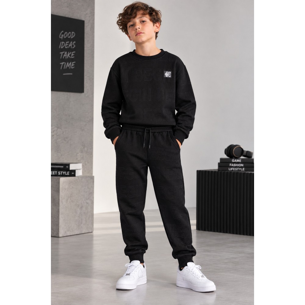 Εφηβικό Σετ Φόρμα με Ανάγλυφο Tracksuit για Αγόρι (6-16) -Μαύρο- 227-117161-2