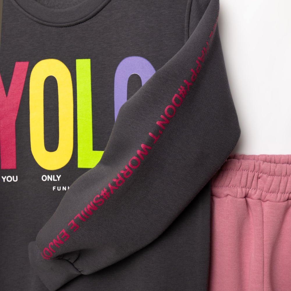 Εφηβικό Σετ Φούτερ Φόρμα με Τύπωμα Yolo Κορίτσι (6-16) -Ανθρακί- 227-517109-1