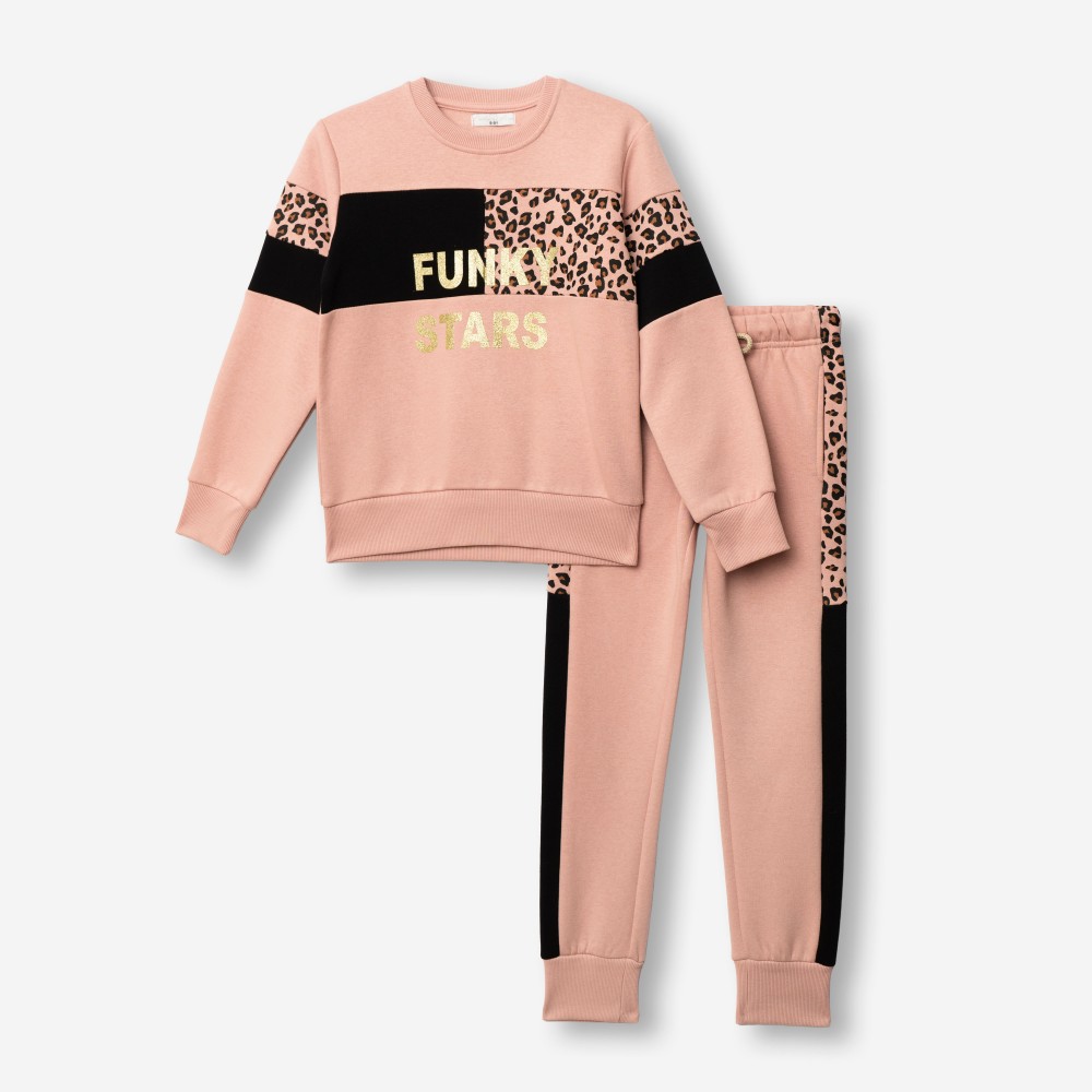 Εφηβικό Σετ Φούτερ Φόρμα με Animal Print και Τύπωμα Stars Κορίτσι (6-16) -Ροζ- 227-517139-1