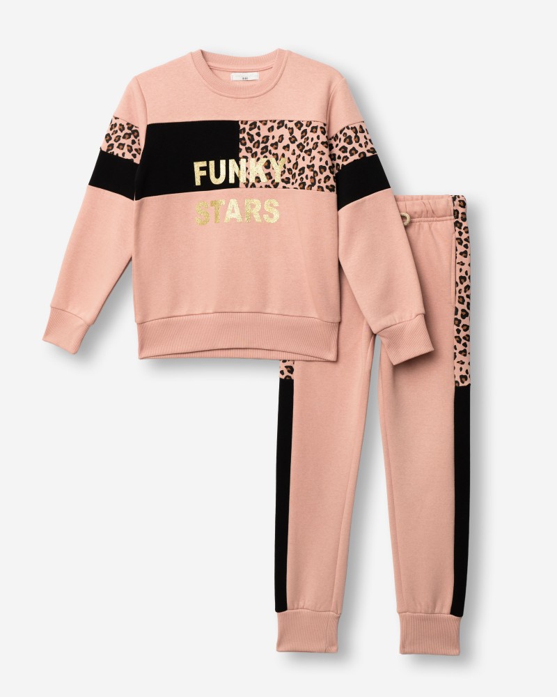 Εφηβικό Σετ Φούτερ Φόρμα με Animal Print και Τύπωμα Stars Κορίτσι (6-16) -Ροζ- 
