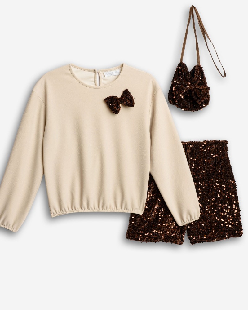 Εφηβικό Σετ Choco Glam με Παγιέτες, Μπλούζα, Σορτς & Τσαντάκι για Κορίτσι (6-16) -Εκρού- 