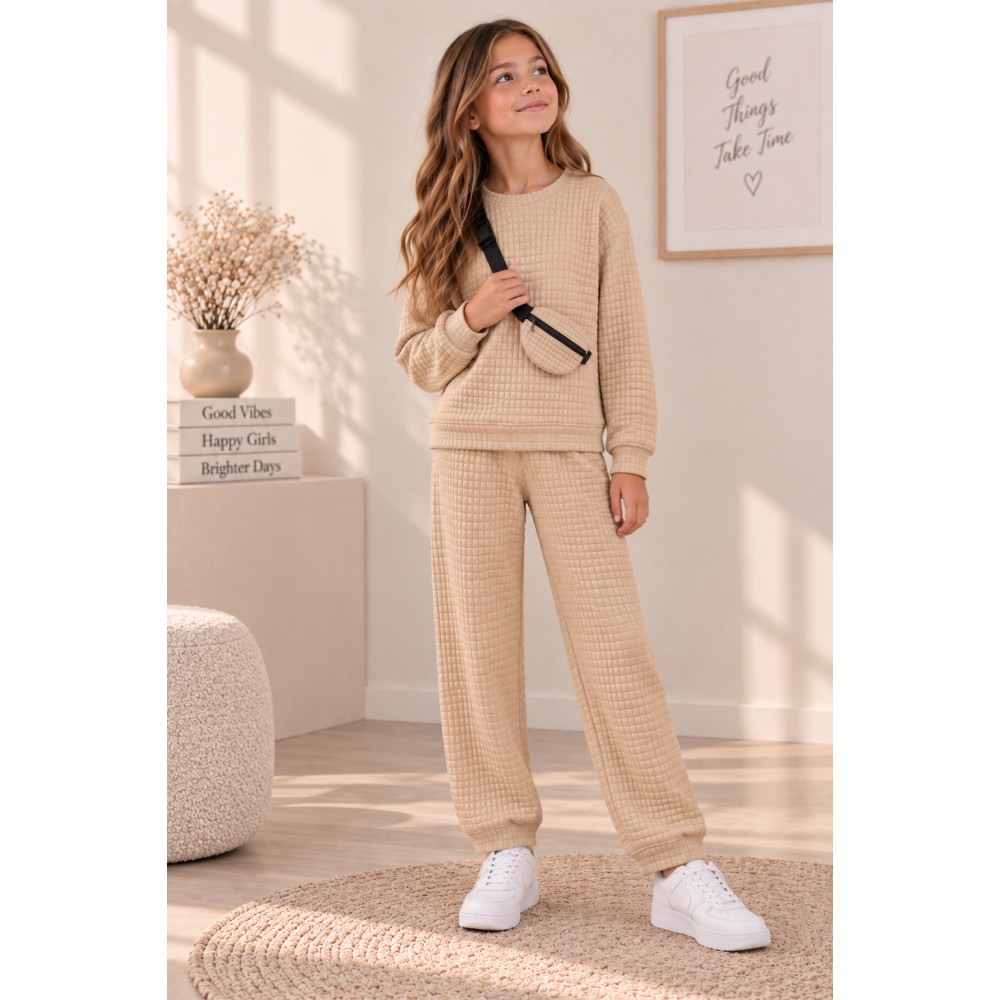 Εφηβικό Σετ με Μπλούζα, Παντελόνι και Τσαντάκι για Κορίτσι (6-16) -Μπεζ- 227-523116-1
