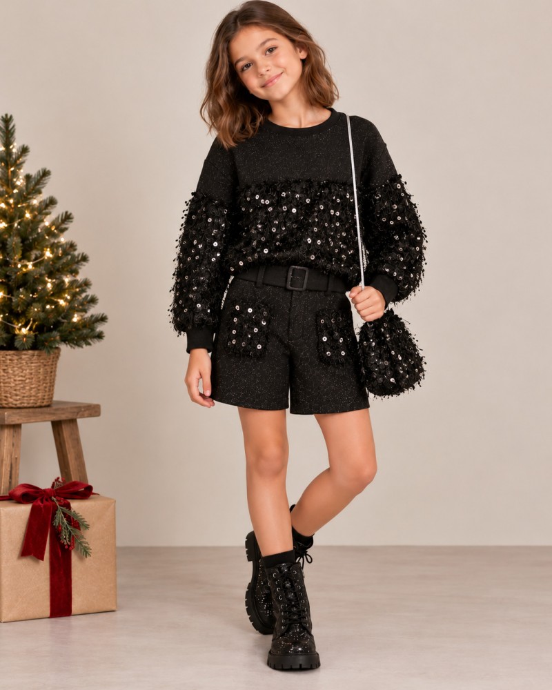 Εφηβικό Σετ Black Glam με Παγιέτες, Μπλούζα, Σορτς & Τσαντάκι για Κορίτσι (6-16) -Μαύρο- 
