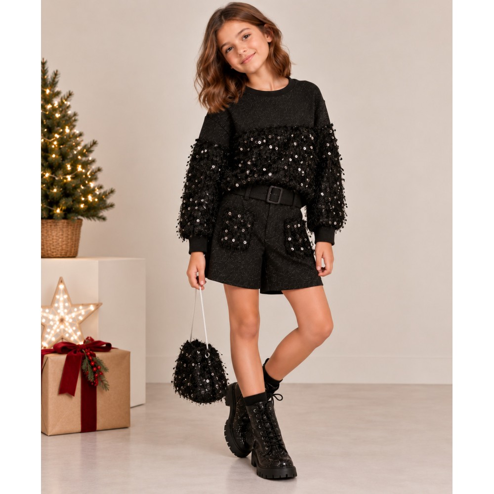 Εφηβικό Σετ Black Glam με Παγιέτες, Μπλούζα, Σορτς & Τσαντάκι για Κορίτσι (6-16) -Μαύρο- 227-525100-1