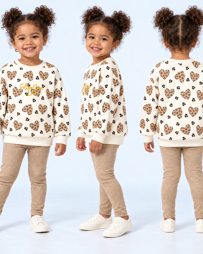 Παιδικό Σετ Κολάν Φούτερ Με Τύπωμα Animal Print Καρδούλες για Κορίτσι (2-6) -Εκρού- 