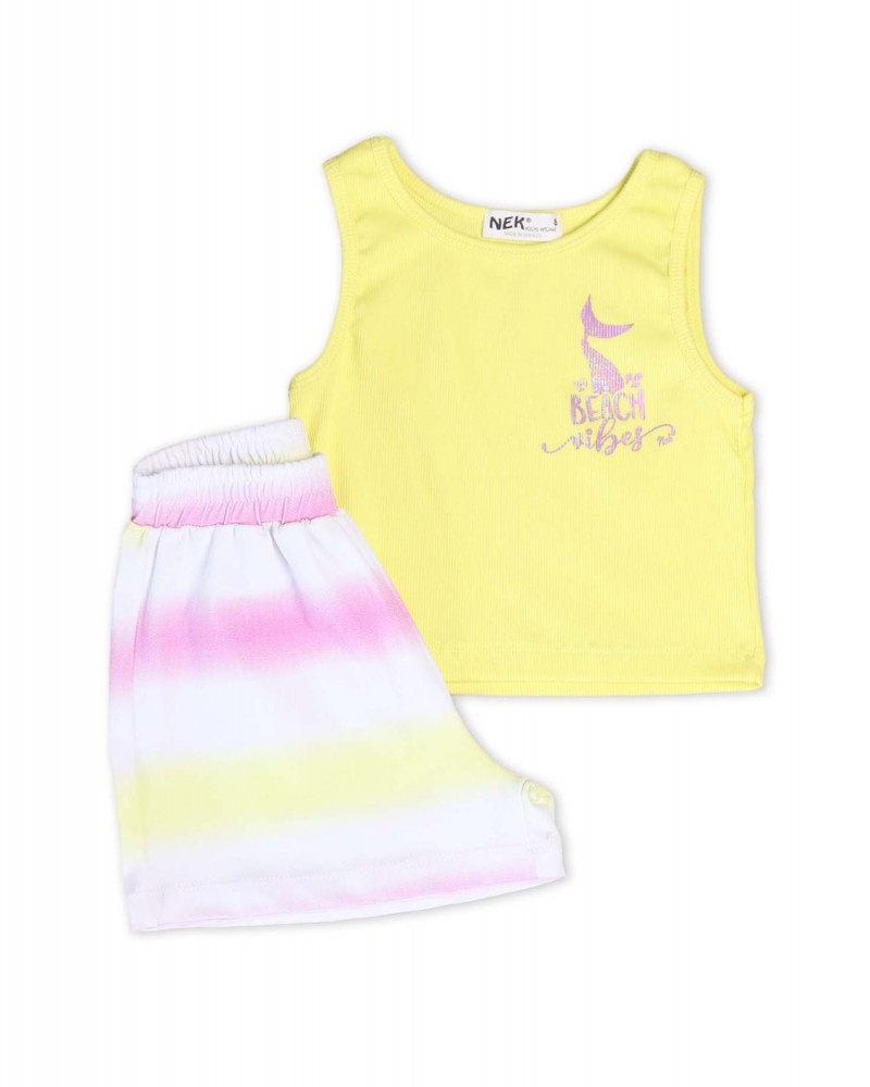 Εφηβικό Σετ, Crop Top Μπλουζάκι Ριπ και Shorts -Κίτρινο-  22722