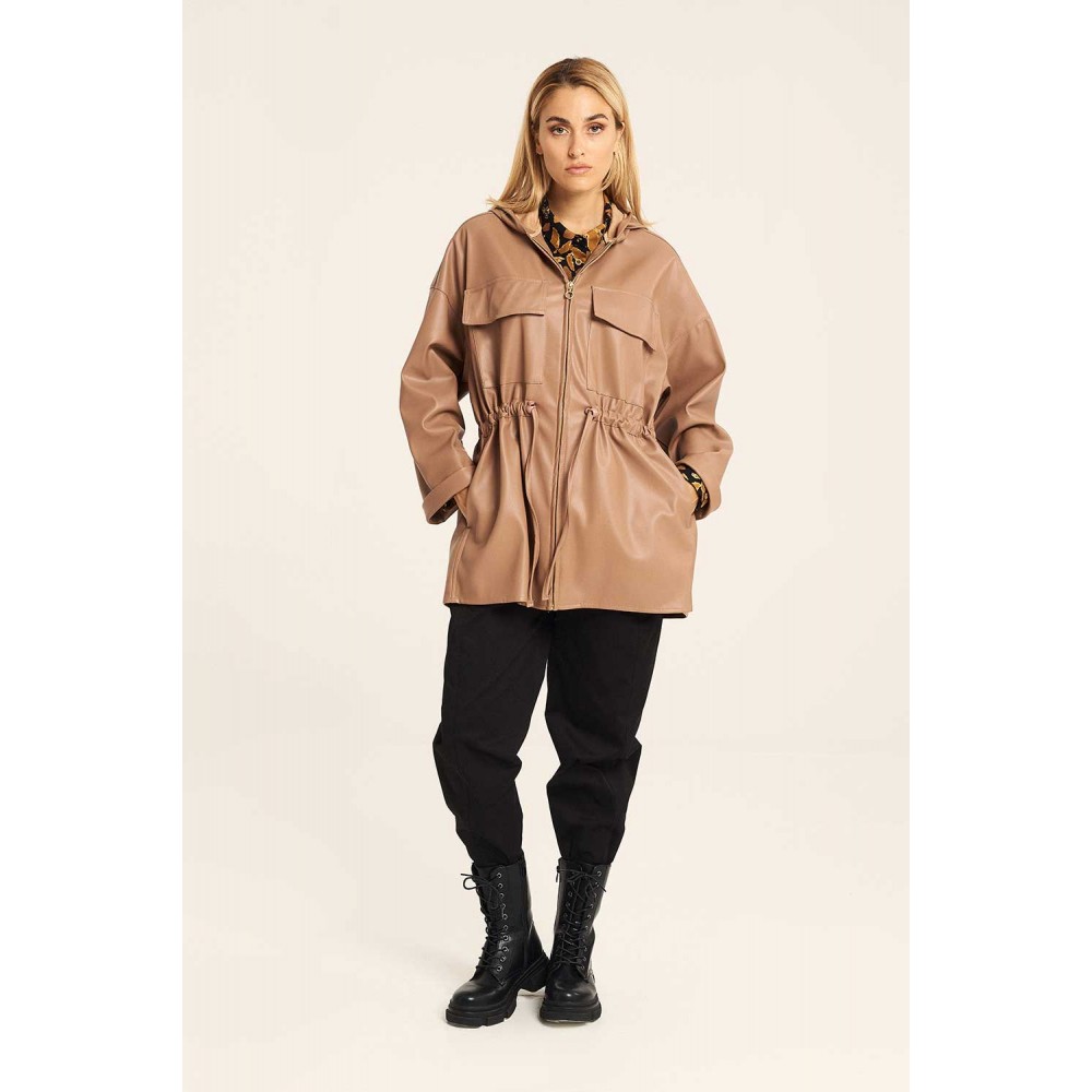 Μακρύ Πάρκα Jacket από Δερματίνη με Κουκούλα -Μπεζ/Καραμελέ- 23-24-602