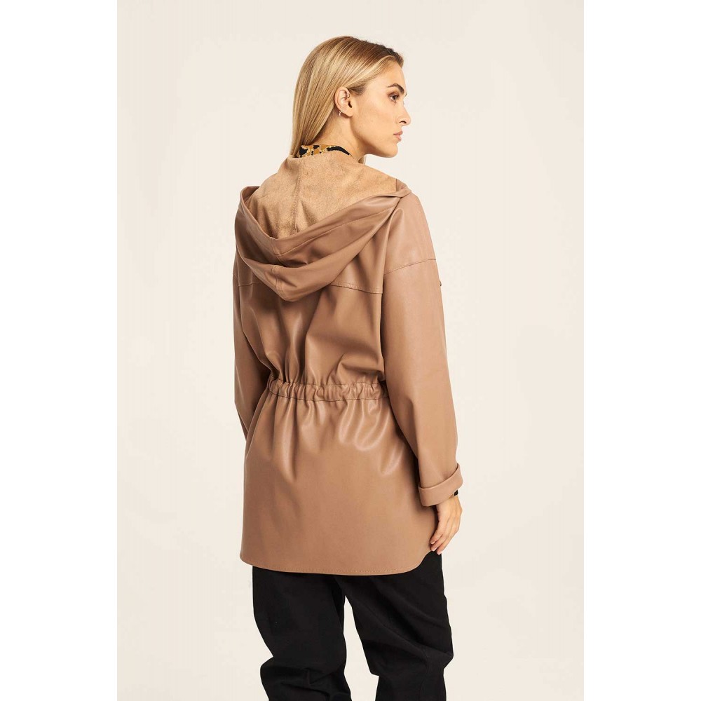 Μακρύ Πάρκα Jacket από Δερματίνη με Κουκούλα -Μπεζ/Καραμελέ- 23-24-602