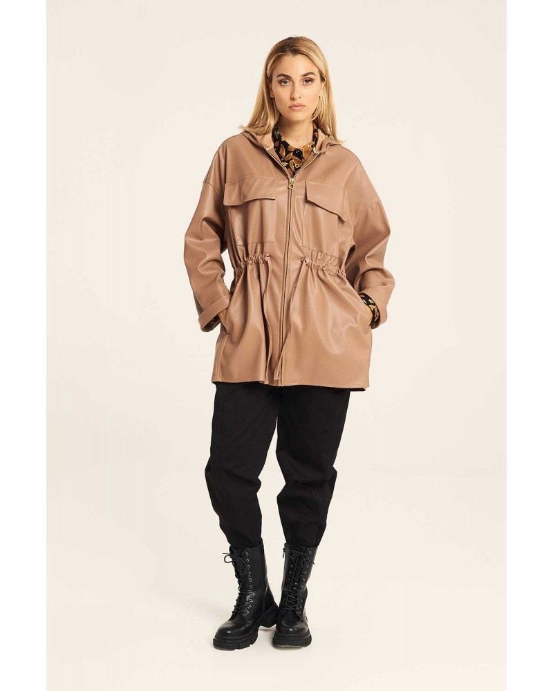 Μακρύ Πάρκα Jacket από Δερματίνη με Κουκούλα -Μπεζ/Καραμελέ- 23-24-602