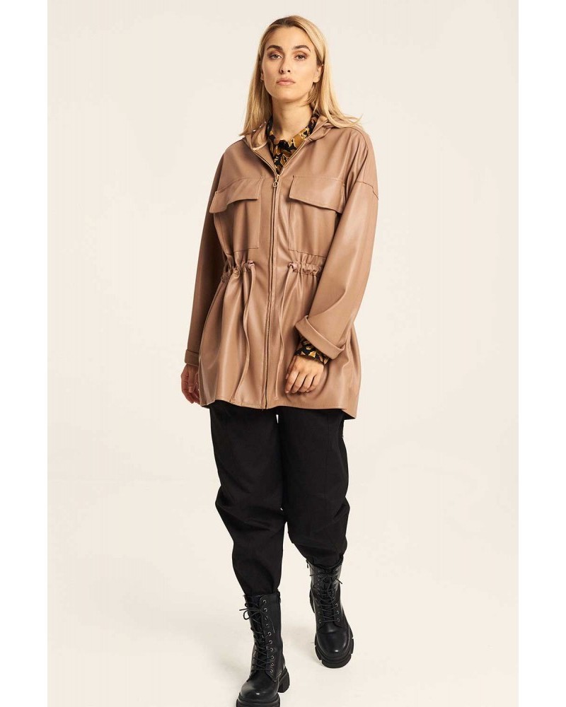 Μακρύ Πάρκα Jacket από Δερματίνη με Κουκούλα -Μπεζ/Καραμελέ- 23-24-602