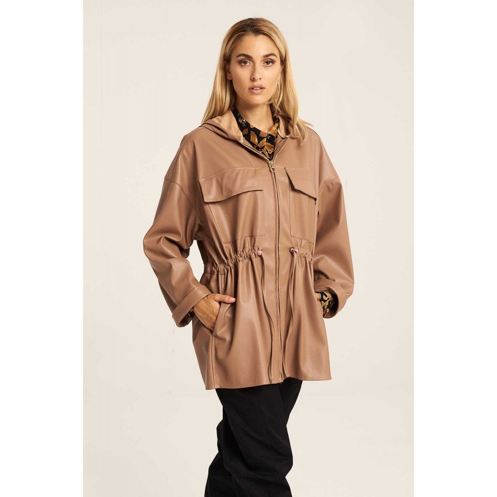 Μακρύ Πάρκα Jacket από Δερματίνη με Κουκούλα -Μπεζ/Καραμελέ- 23-24-602 Μακρύ Πάρκα Jacket από Δερματίνη με Κουκούλα -Μπεζ/Καραμελέ- 23-24-602