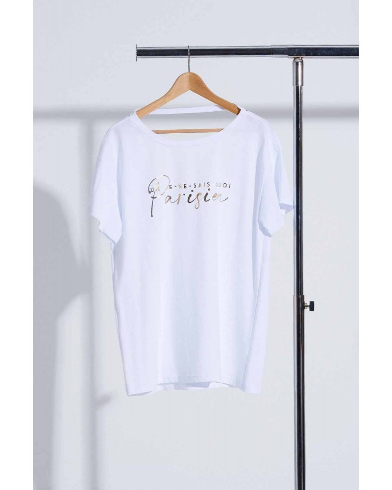 Μπλούζα T-Shirt Μακό Basic με Χρυσό Τύπωμα Parisien -Λευκό- 23-424