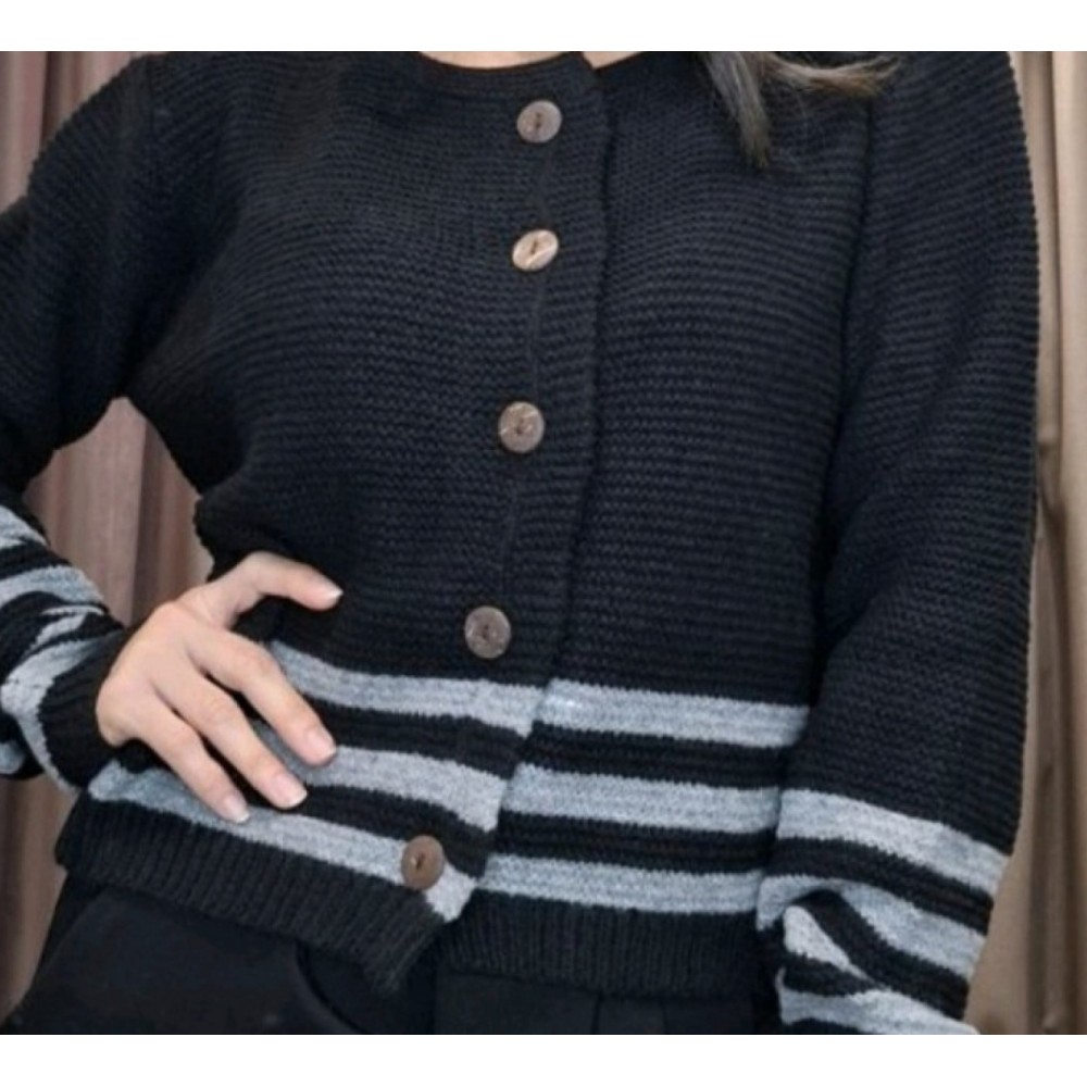 Πλεκτή Ζακέτα Με Ρίγες και Κουμπιά -Μαύρο -