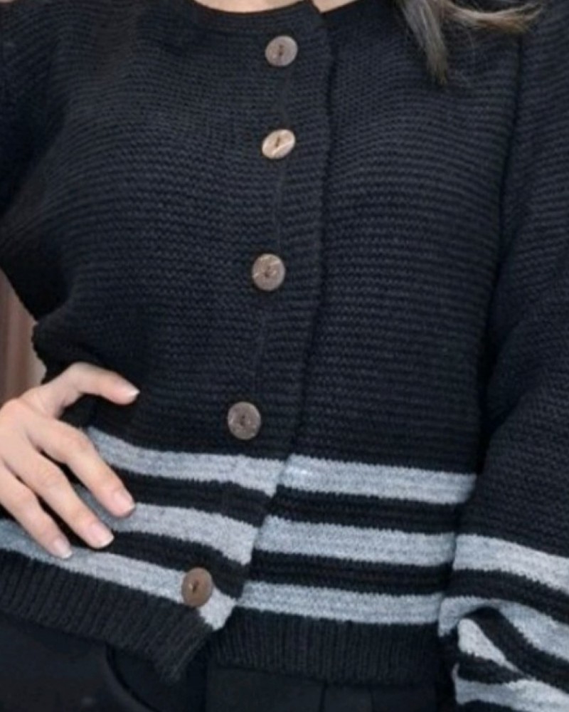 Πλεκτή Ζακέτα Με Ρίγες και Κουμπιά -Μαύρο -