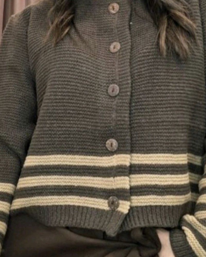 Πλεκτή Ζακέτα Με Ρίγες και Κουμπιά -Σοκολατί-