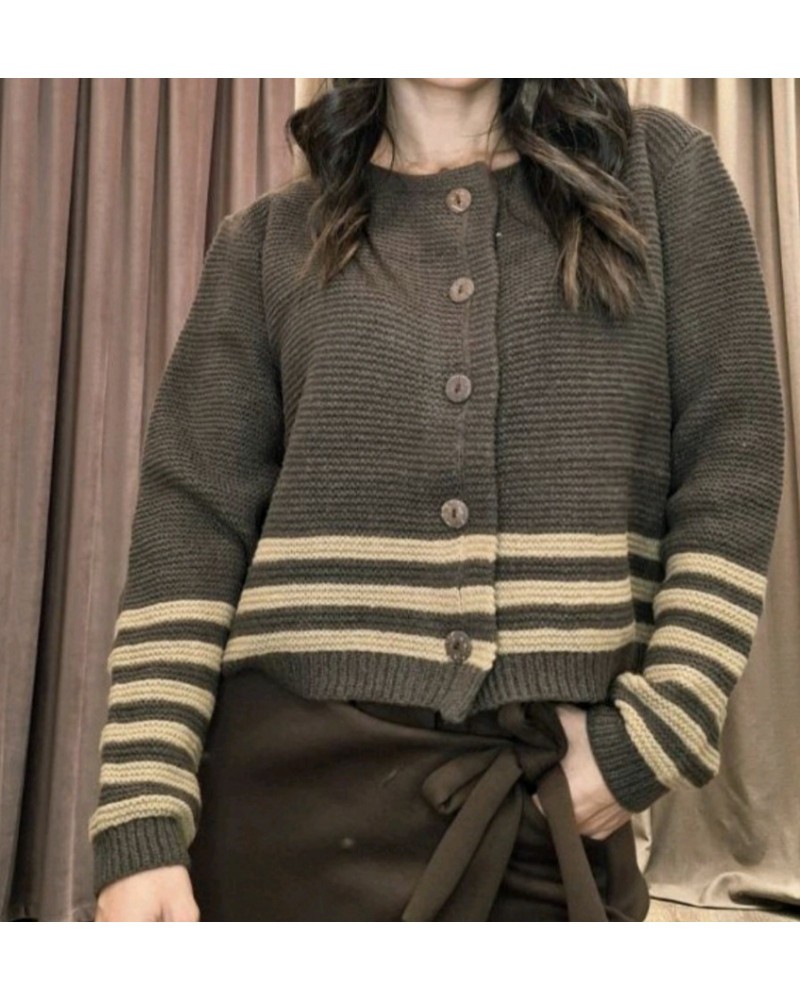 Πλεκτή Ζακέτα Με Ρίγες και Κουμπιά -Σοκολατί-