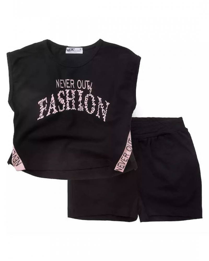 Εφηβικό Σετ Μπλούζα Top Never Out of Fashion Και Shorts Κορίτσι (6-16Ε) -Μαύρο- 23424