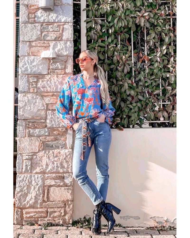 Παντελόνι Τζιν Ψηλόμεσο SKinny Denim με Κεντητή Ζώνη -Μπλε τζιν- 23529