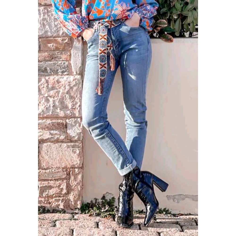 Παντελόνι Τζιν Ψηλόμεσο SKinny Denim με Κεντητή Ζώνη -Μπλε τζιν- 23529 Παντελόνι Τζιν Ψηλόμεσο SKinny Denim με Κεντητή Ζώνη -Μπλε τζιν- 23529