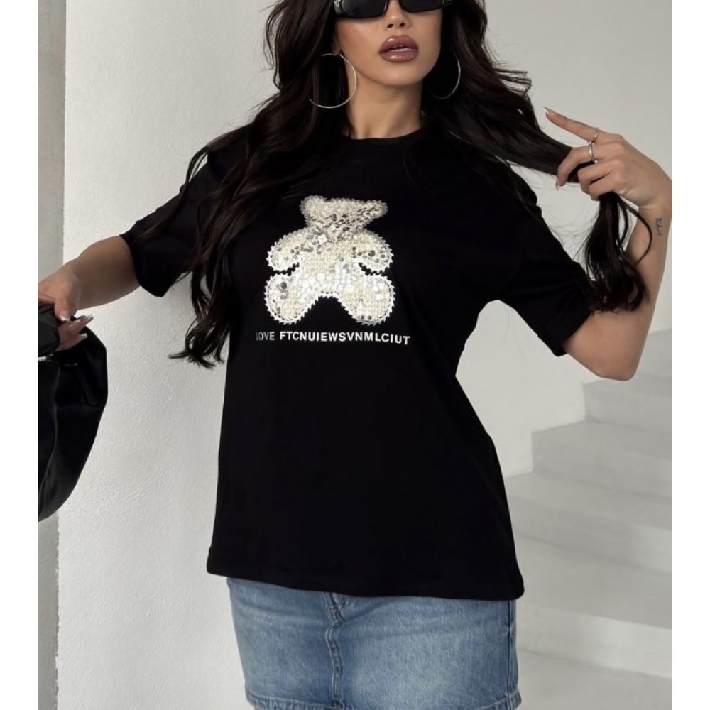 T-Shirt Μπλούζα Μακό με Τύπωμα και Στρας -Μαύρο- 23659
