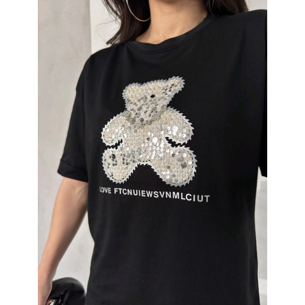 T-Shirt Μπλούζα Μακό με Τύπωμα και Στρας -Μαύρο- 23659