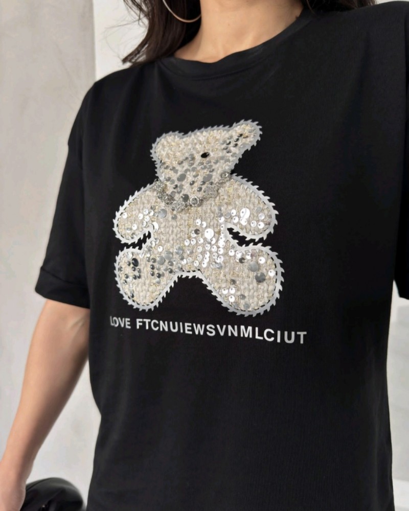 T-Shirt Μπλούζα Μακό με Τύπωμα και Στρας -Μαύρο- 23659