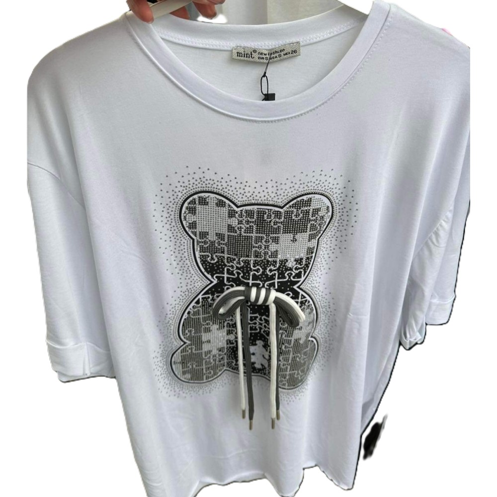 T-Shirt Μπλούζα Μακό Με Τύπωμα Αρκουδάκι με Στρας -Λευκό- 2390