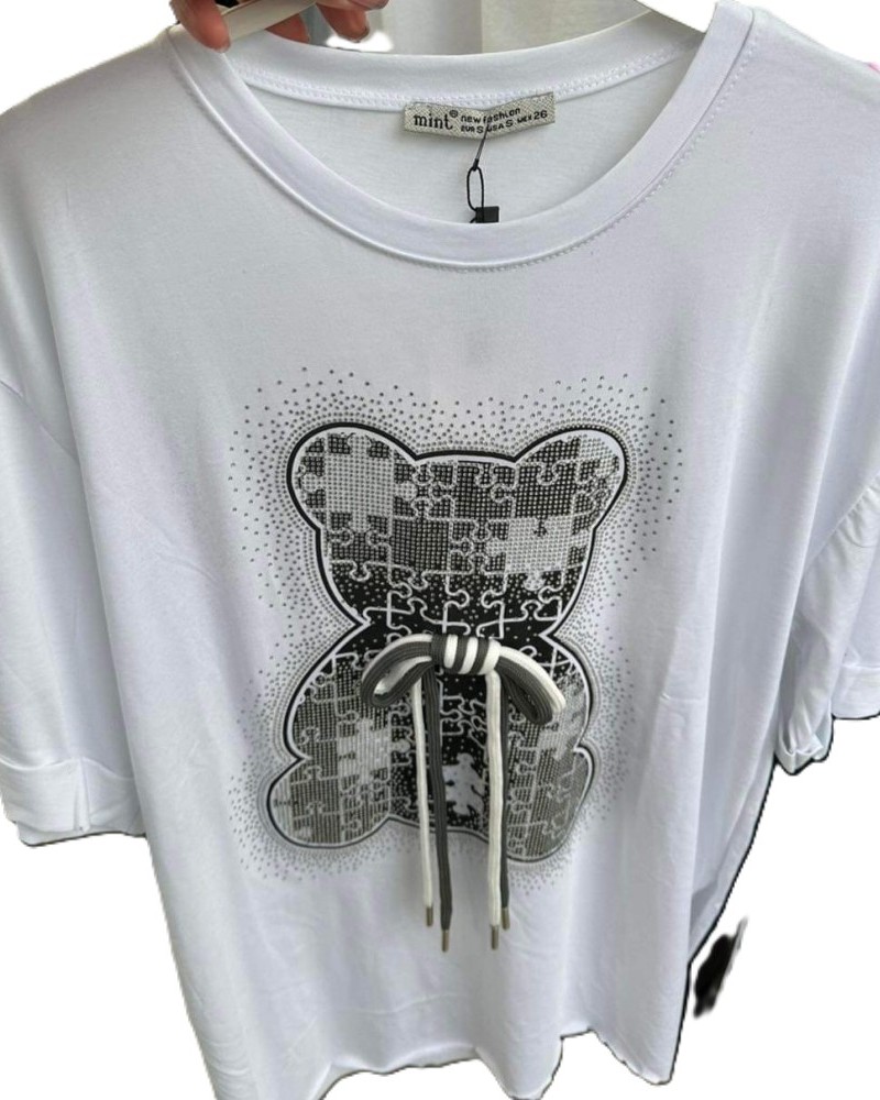 T-Shirt Μπλούζα Μακό Με Τύπωμα Αρκουδάκι με Στρας -Λευκό- 2390