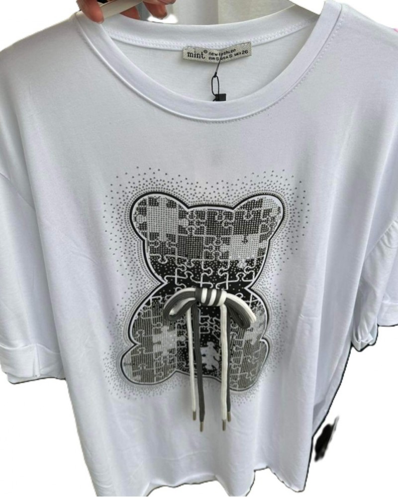 T-Shirt Μπλούζα Μακό Με Τύπωμα Αρκουδάκι με Στρας -Λευκό- 2390