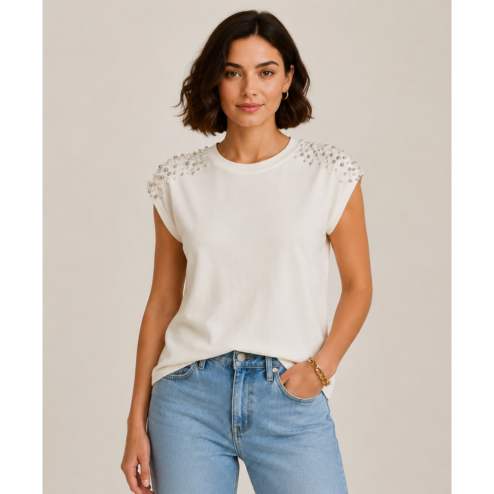 Μπλούζα T-Shirt με Πέρλες στους Ώμους -Λευκό- 25191