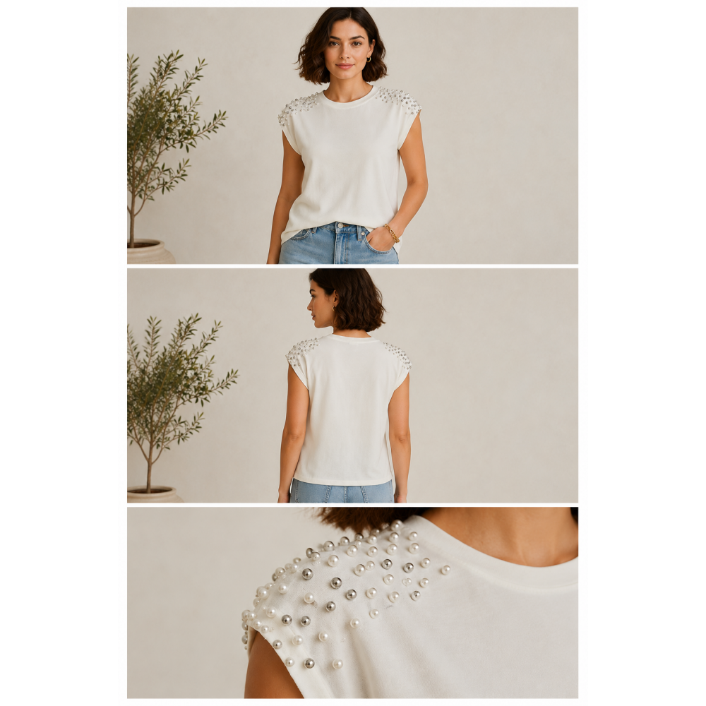 Μπλούζα T-Shirt με Πέρλες στους Ώμους -Λευκό- 25191