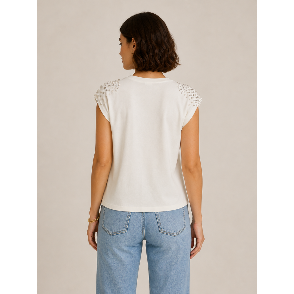 Μπλούζα T-Shirt με Πέρλες στους Ώμους -Λευκό- 25191