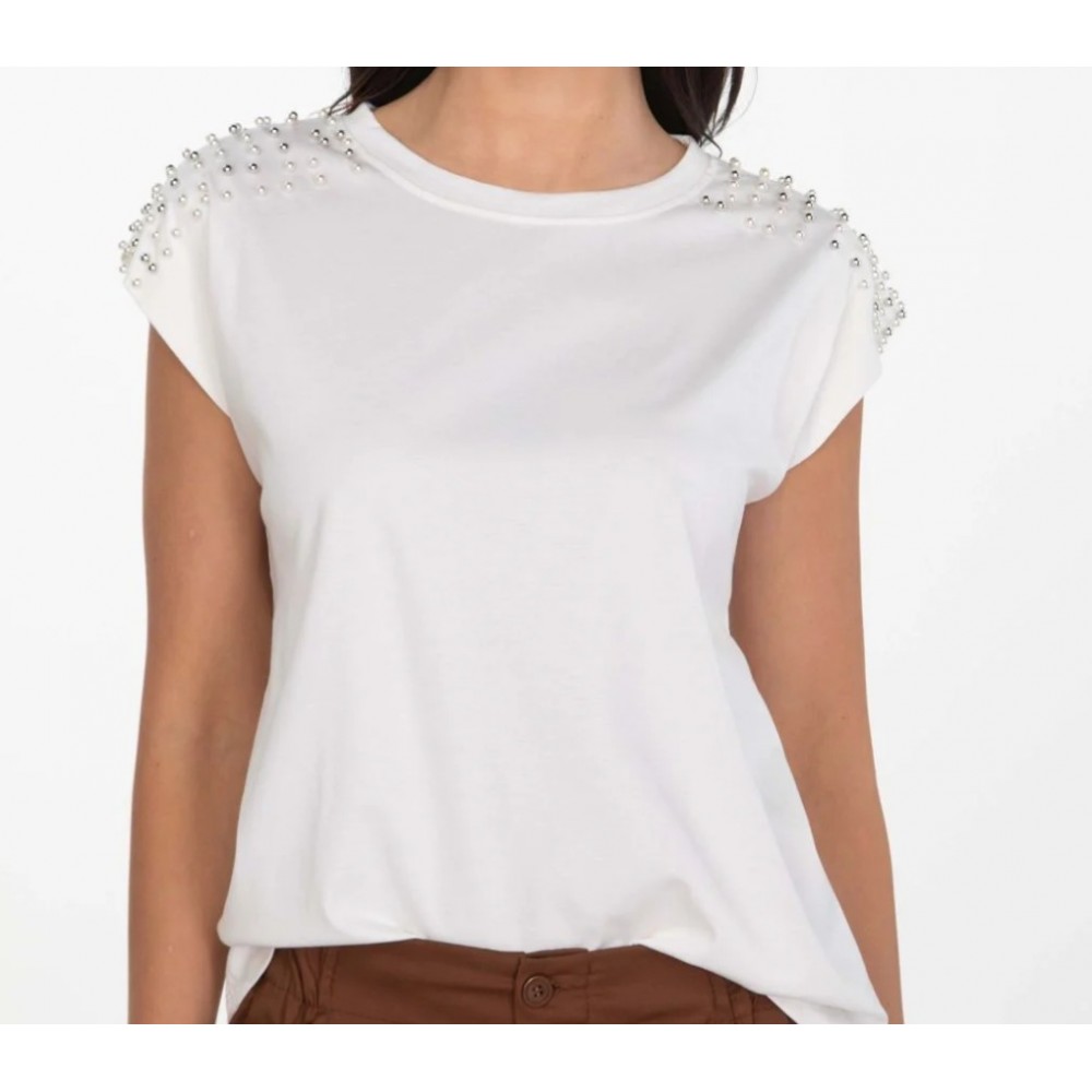 Μπλούζα T-Shirt με Πέρλες στους Ώμους -Λευκό- 25191