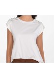 Μπλούζα T-Shirt με Πέρλες στους Ώμους -Λευκό- 25191