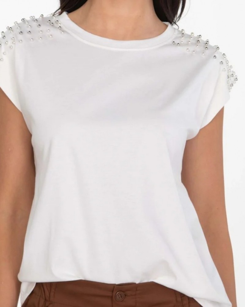 Μπλούζα T-Shirt με Πέρλες στους Ώμους -Λευκό- 25191