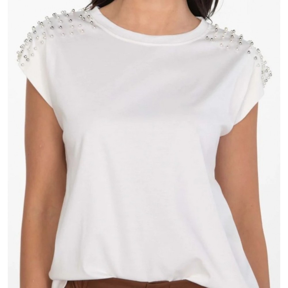 Μπλούζα T-Shirt με Πέρλες στους Ώμους -Λευκό- 25191