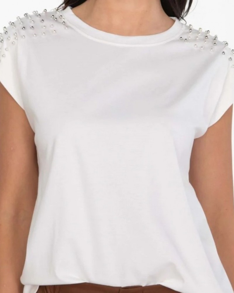 Μπλούζα T-Shirt με Πέρλες στους Ώμους -Λευκό- 25191