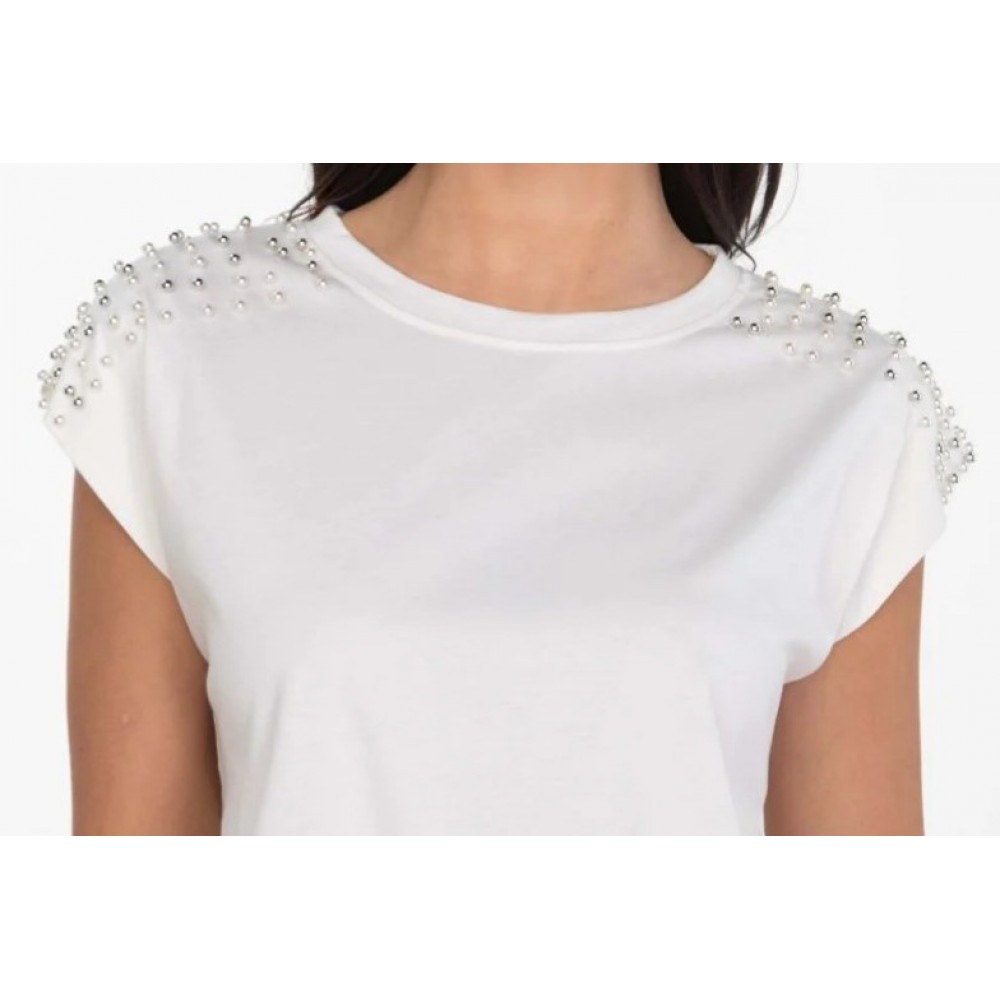 Μπλούζα T-Shirt με Πέρλες στους Ώμους -Λευκό- 25191 Μπλούζα T-Shirt με Πέρλες στους Ώμους -Λευκό- 25191