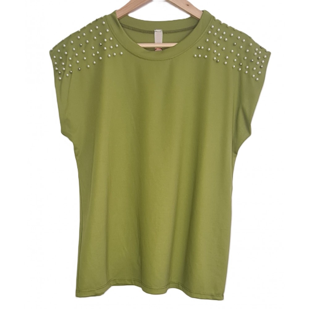 Μπλούζα T-Shirt με Πέρλες στους Ώμους -Lime- 25191