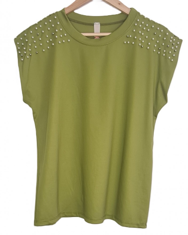 Μπλούζα T-Shirt με Πέρλες στους Ώμους -Lime- 25191