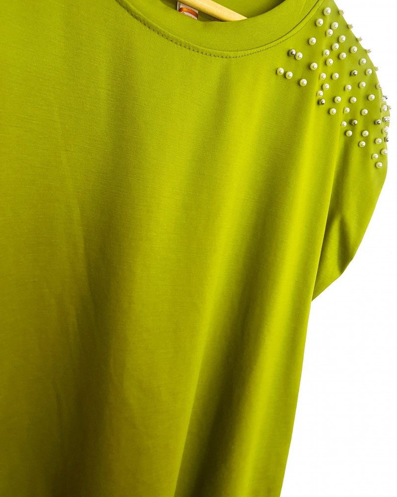 Μπλούζα T-Shirt με Πέρλες στους Ώμους -Lime- 25191
