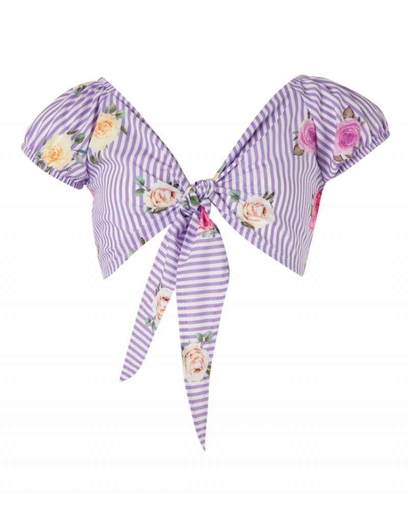 Εφηβικό Crop Top Μπλουζάκι Floral με Δέσιμο -Ριγέ- 2576