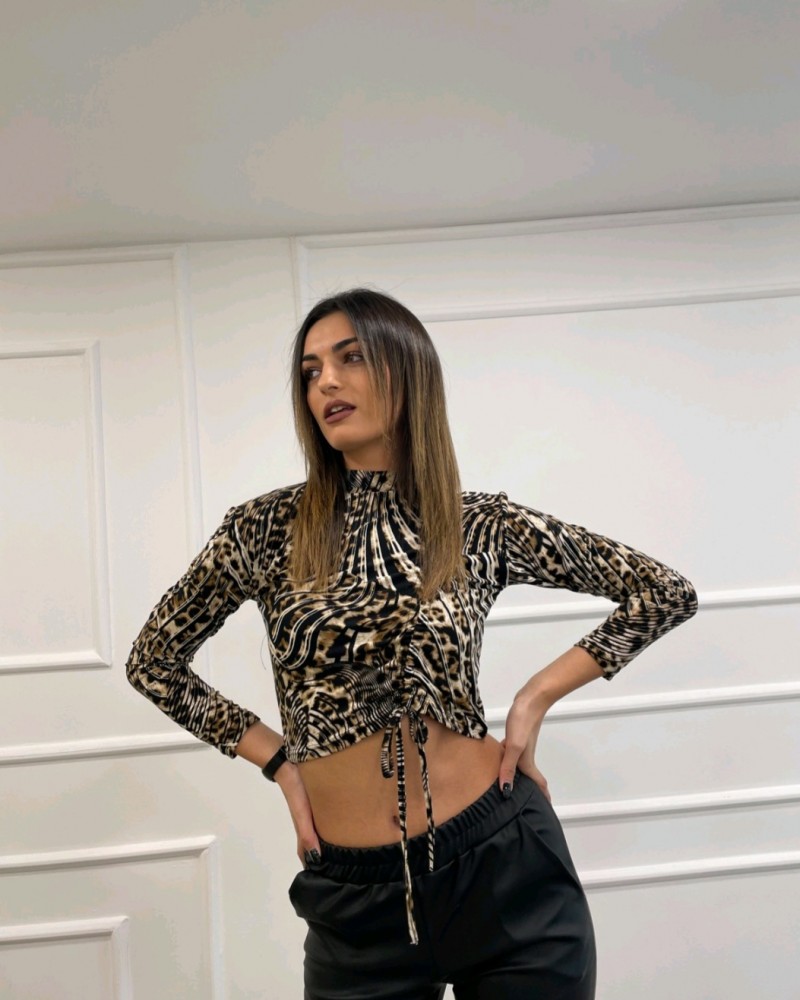 Μπλούζα Crop Top Animal Print με Σούρα -Εμπριμέ- 26523