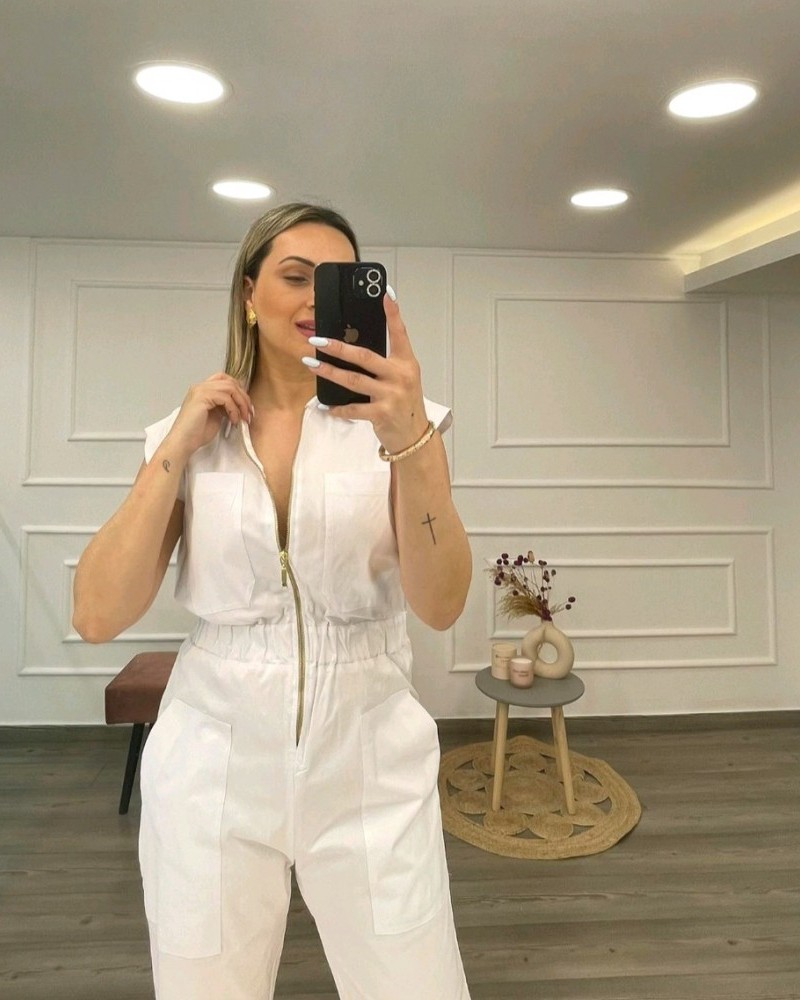 Γυναικεία Φόρμα Ολόσωμη Με Φερμουάρ Και Τσέπες -Λευκό- 27134