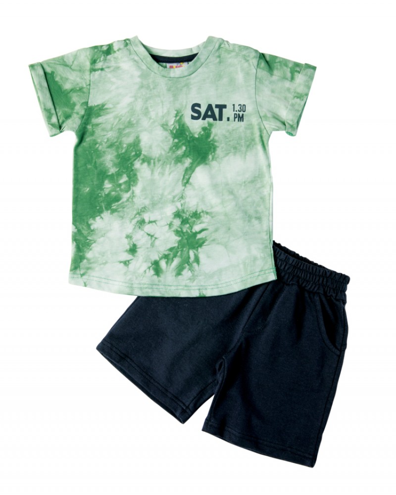 Μοντέρνο Παιδικό Σετ, Μακό Μπλουζάκι Tie-Dye και Βερμούδα -Πράσινο- 2774